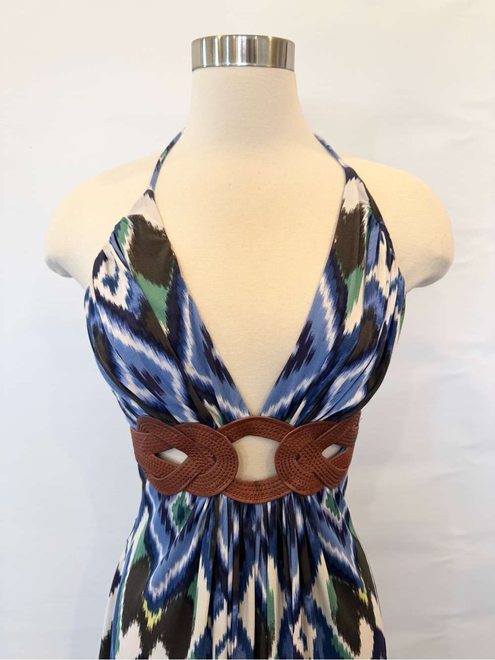 SKY IKAT Blue Brown Leather Braid Belt Keyhole Halter Maxi Gown Slip Dress NWOT - Picture 5 of 11